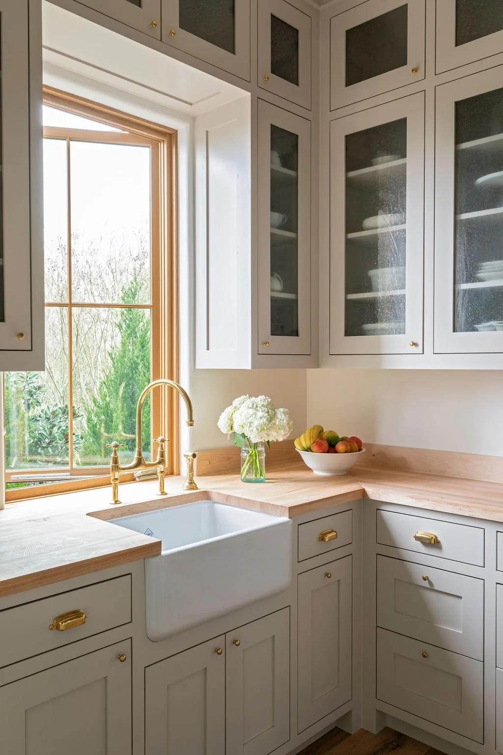 Bright kitchen corner with white cabinets, gold handles, a farmhouse sink, and a brass faucet under a wooden window.