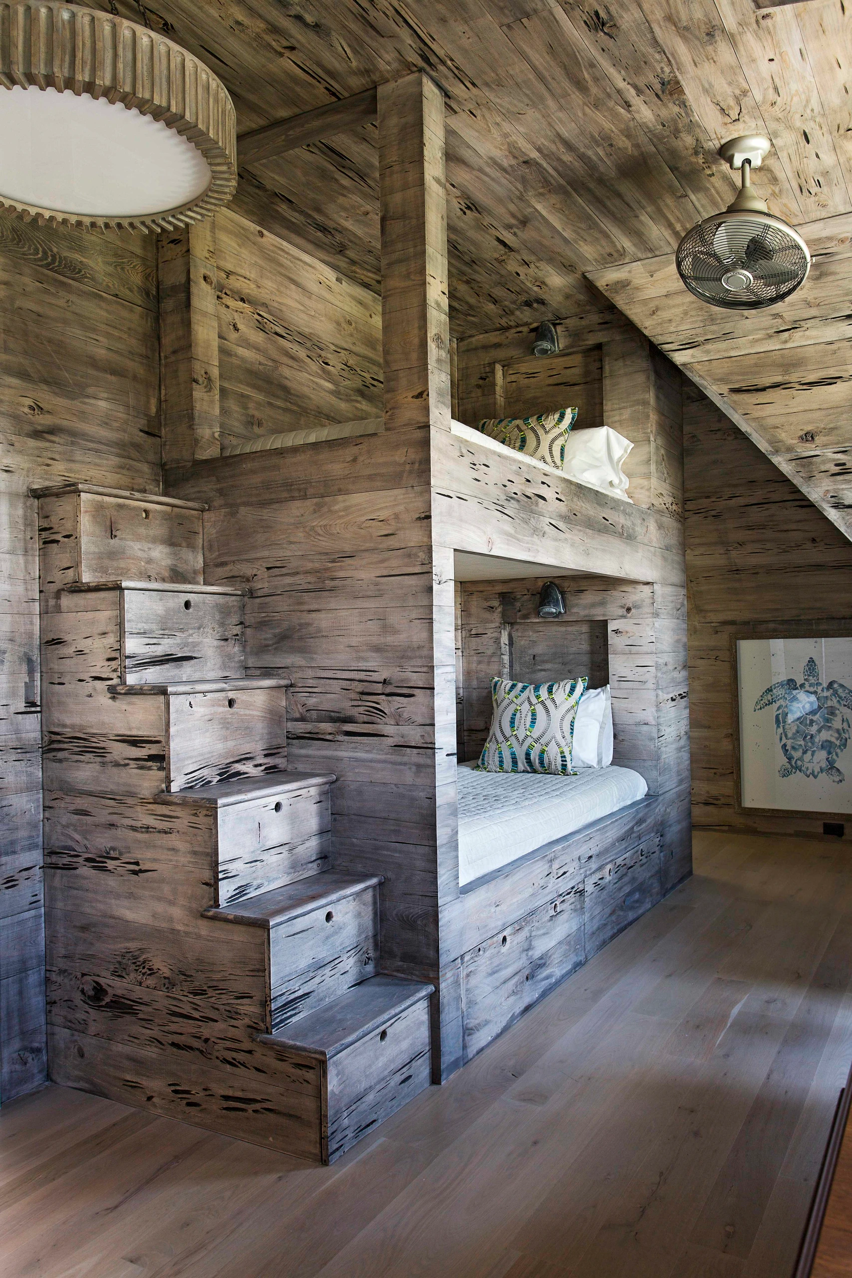 Pecky-cypress bunk room, Isle of Palms interior design.
