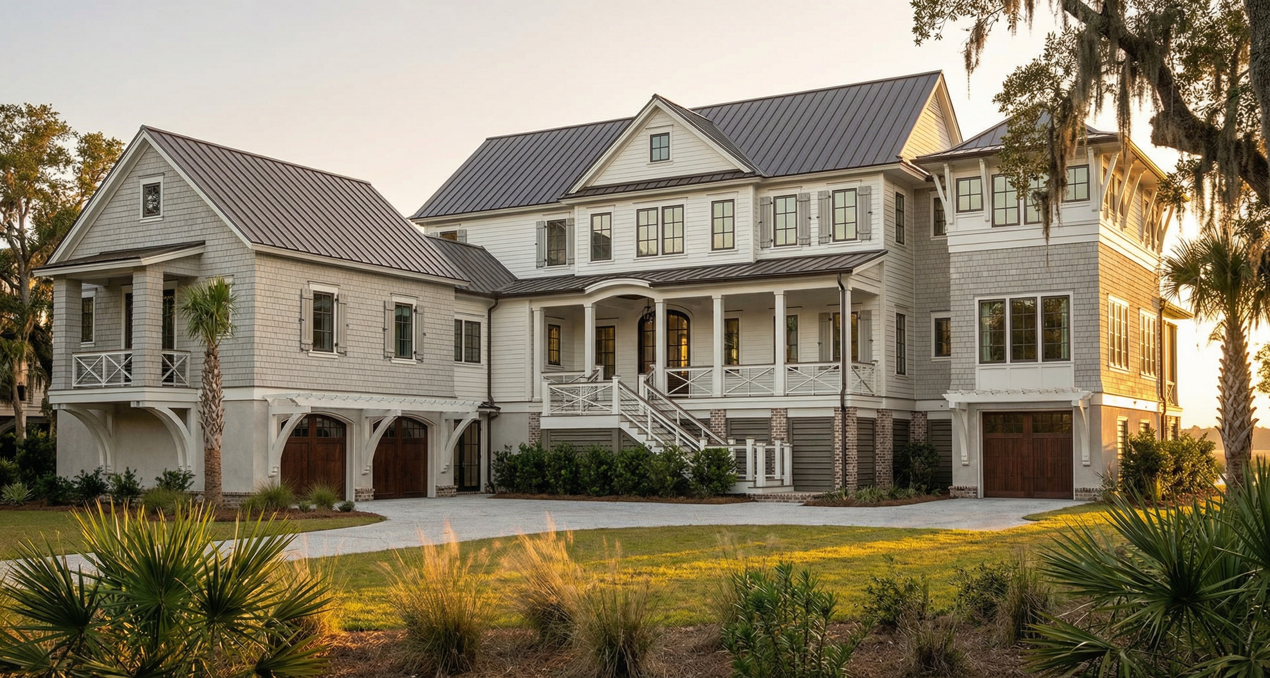 A rendering of a coastal shingled home at sunset, currently on the boards.